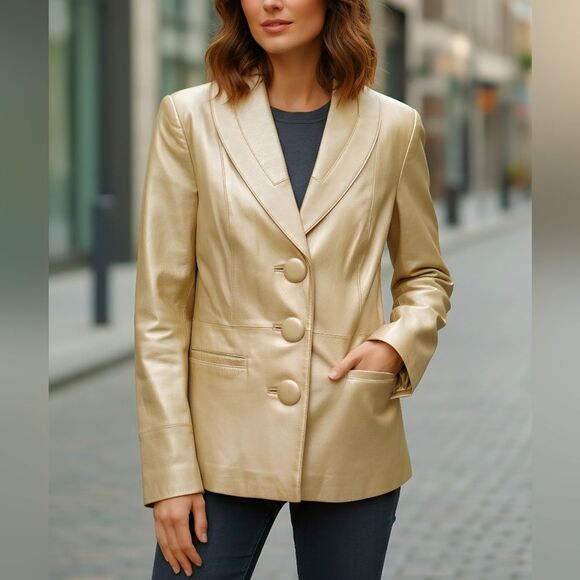 Terry Lewis Classic Luxuries Yellow Sparkle Leather Button Front Vintage Blazer - Picture 1 of 12